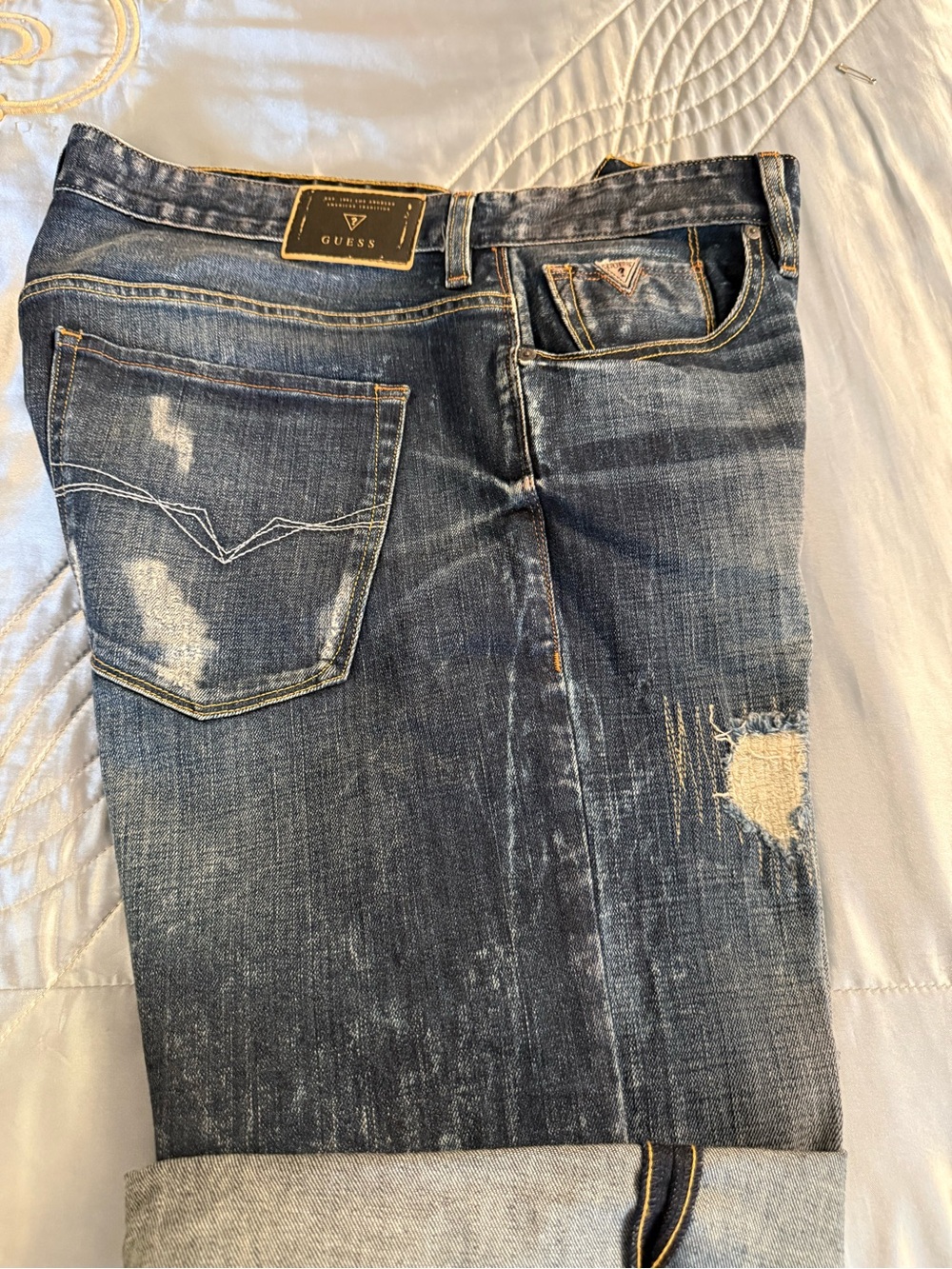 GUESS Men’s Dark Blue Distressed Relaxed Jeans shorts